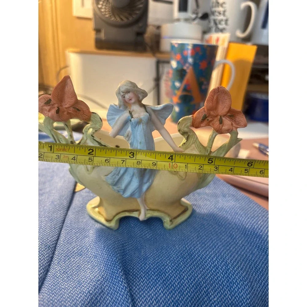 Antique Art Nouveau Fairy Iris Porcelain Planter Figurine Cachepot Blue Orange